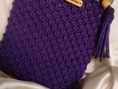 Purple handmade macramé bag with wooden handles