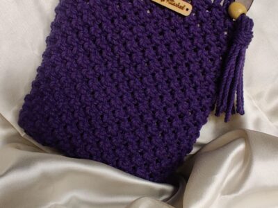 Purple handmade macramé bag with wooden handles