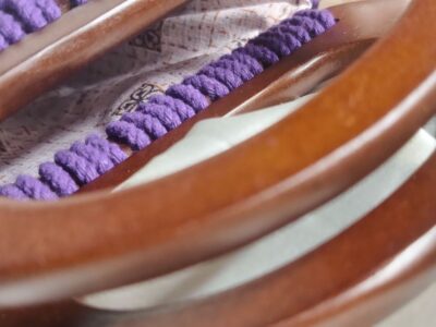 Purple handmade macramé bag with wooden handles